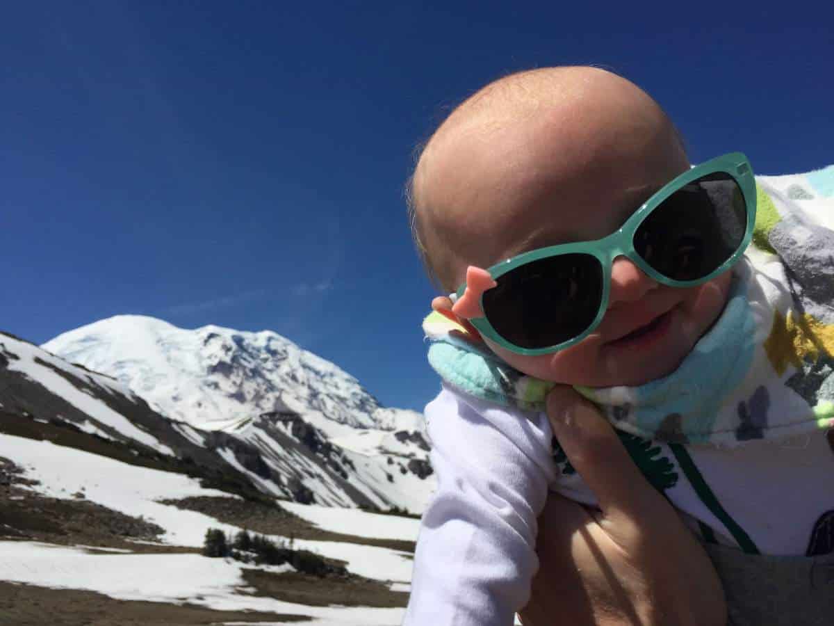 What to pack - Baby in sunglasses on a hike in Mount Rainier National Park, Washington