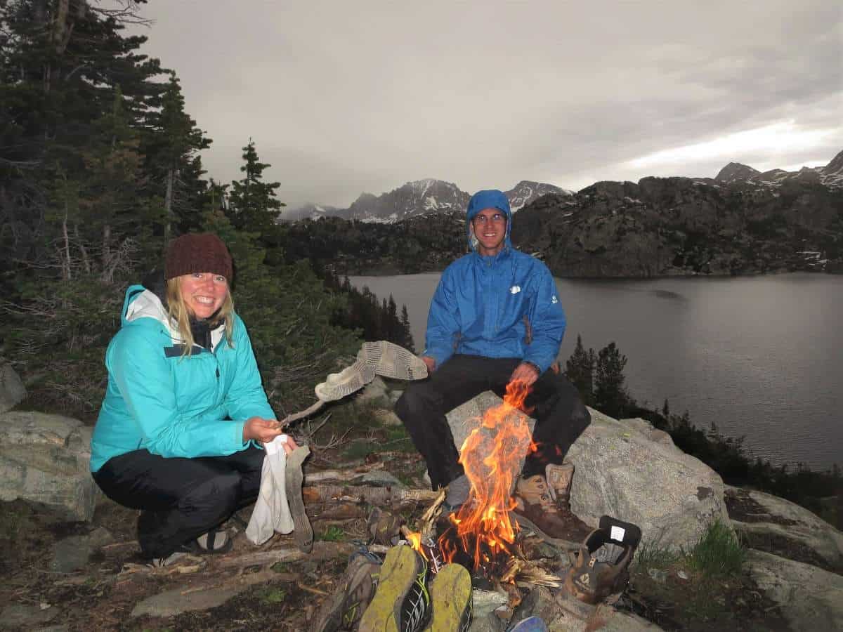 What to pack - Drying socks over a fire while backpacking in the Wind Rivers, Wyoming