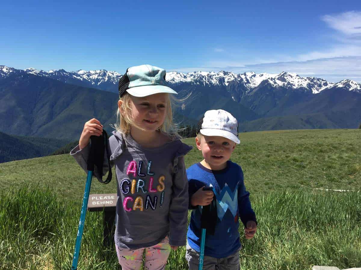 What to pack - Kids hiking with hiking poles in Olympic National Park, Washington