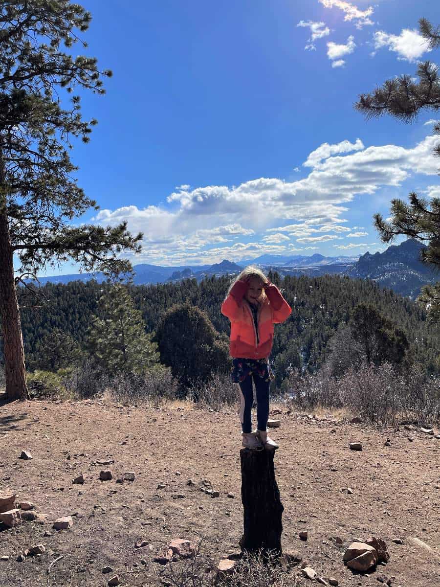 Girl standing on stump with view in background