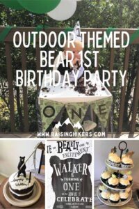 Collage of photos with text that reads Outdoor themed bear first birthday party