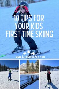 Collage of photos of kids first time skiing