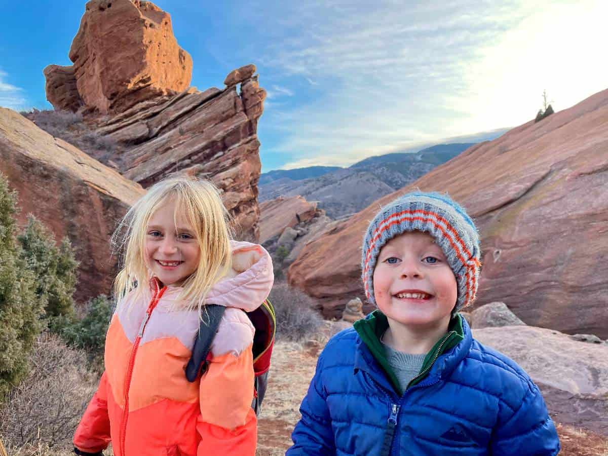 Kids in front of red rocks on Denver kid hike