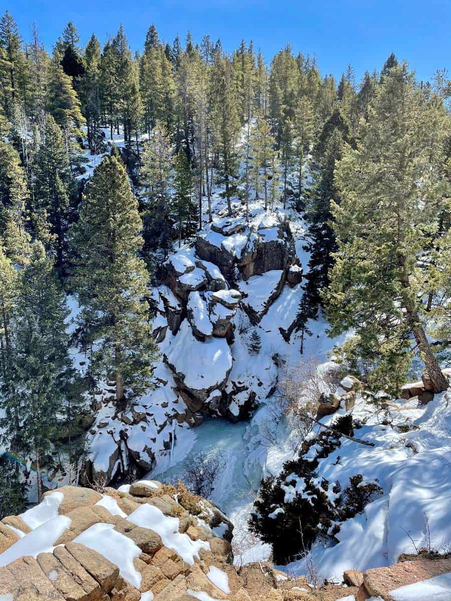 view looking down at the frozen waterfall