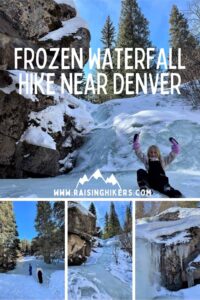 Collage of photos on a frozen waterfall hike