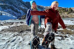 kids in spikes for winter hiking