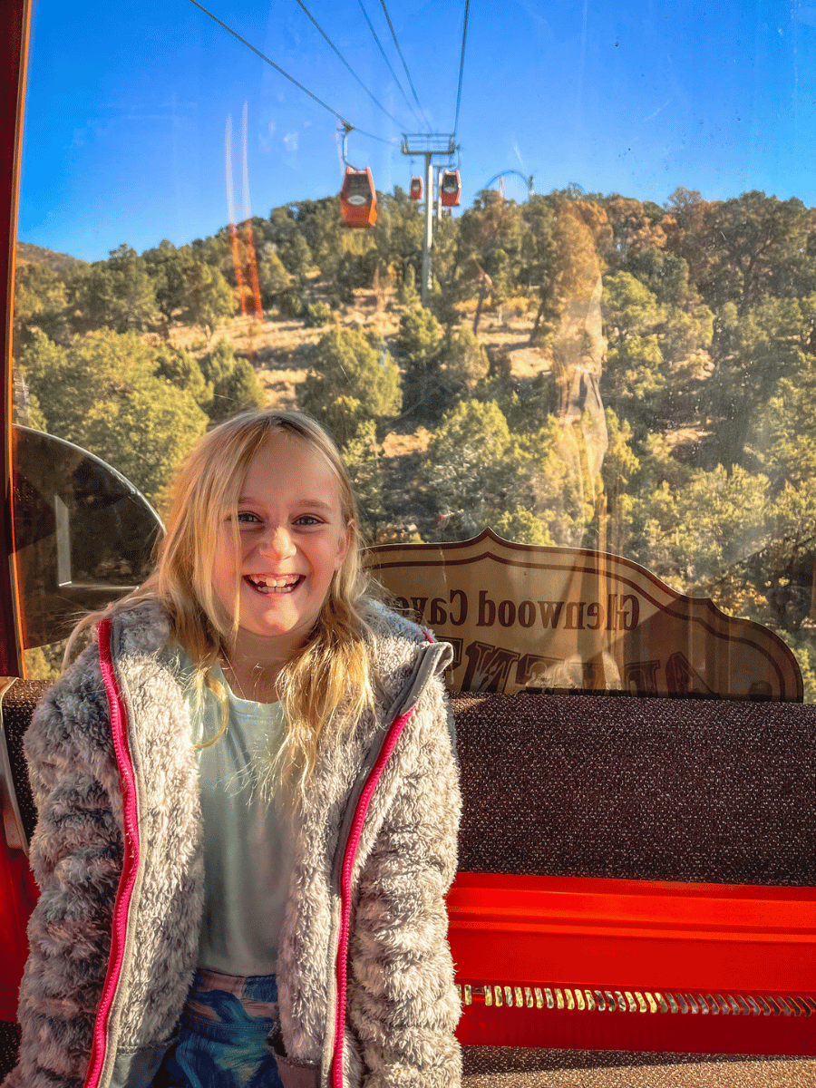 Girl excited on gondola ride up to Glenwood Caverns