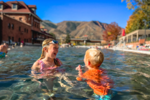 Kids laughing in pool, Glenwood Springs with kids