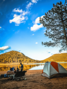 family camping near a lake