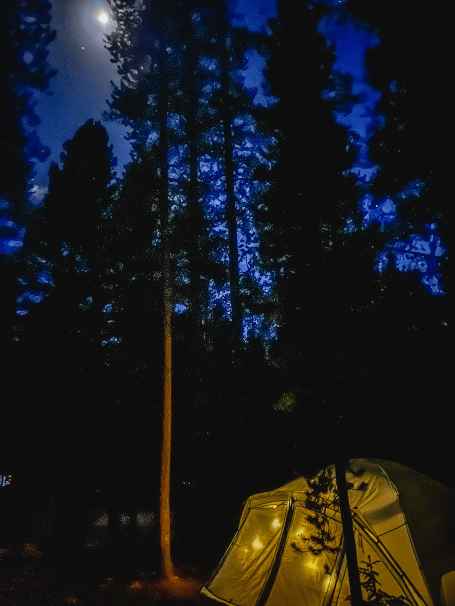 tent at night with lights and moon