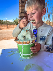 Boy eating big bowl of home made pistachio ice cream from McGinns PistachioLand